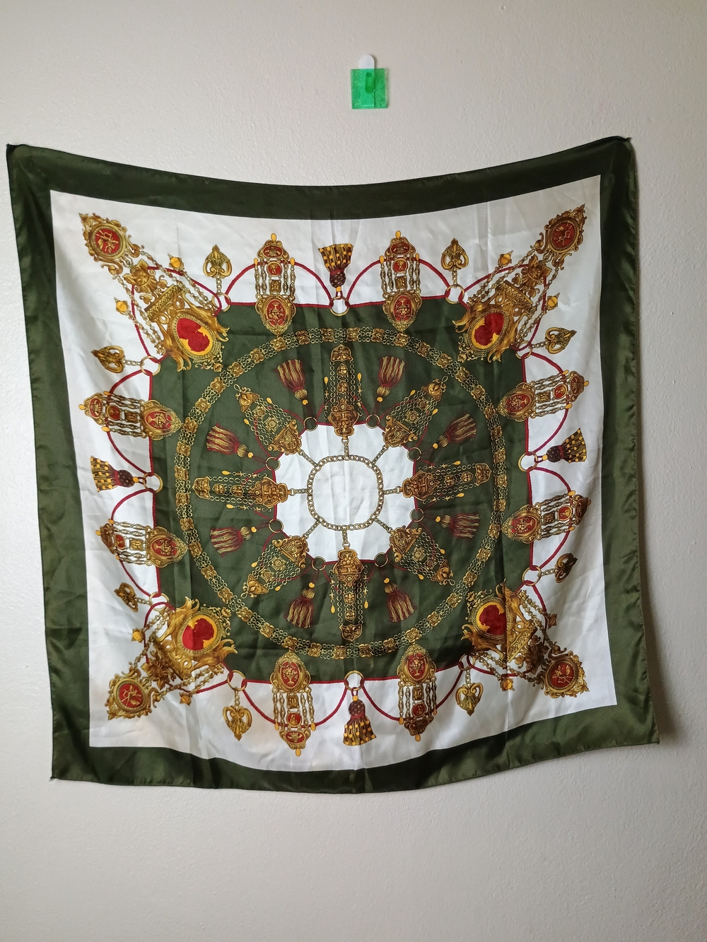 Hermes Green, White & Gold Silk Scarf with Ornate Medallion Design - Vintage - Picture 1 of 10